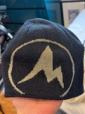 Marmot Fleece Lined Knit Beanie Hat Navy Gray Logo One Size